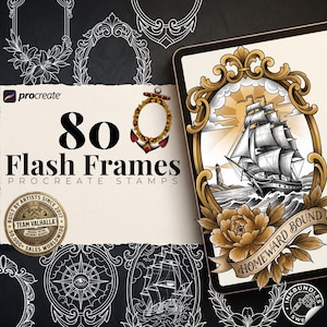 May include: A digital collection of 80 flash frames for Procreate, featuring a tablet display with a gold-toned ornate frame surrounding a sailing ship illustration, accompanied by text reading 80 Flash Frames Procreate Stamps and Team Valhalla.