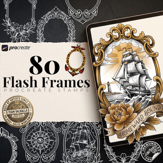 Procreate Flash Frames, 80 designs, Custom stencil designs for Procreate, Old school stamp brushes, digital download