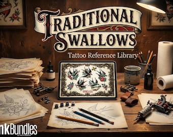 Traditional Swallows Tattoo Design kit - Procreate & PNG | 100+ Classic Swallow Tattoos, Old School Stencils