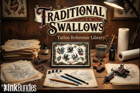 Traditional Swallows Tattoo Design kit - Procreate & PNG | 100+ Classic Swallow Tattoos, Old School Stencils