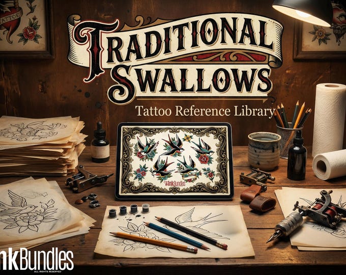 Traditional Swallows Tattoo Design kit - Procreate & PNG | 100+ Classic Swallow Tattoos, Old School Stencils