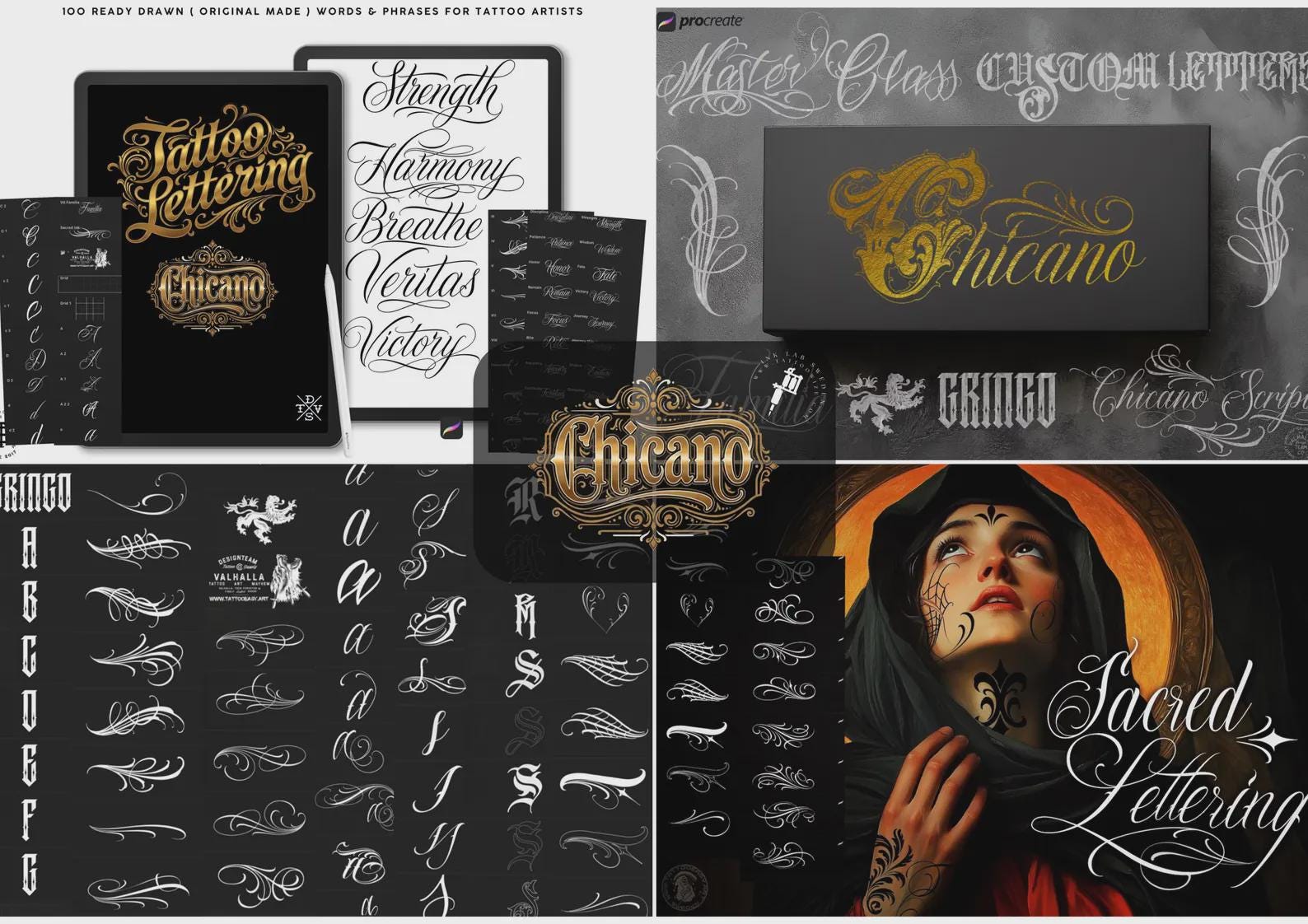 Procreate用チカーノレタリングキット500種類以上｜タトゥー文字