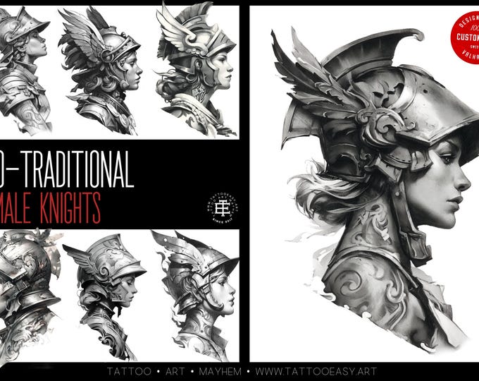 Female knights - neo-traditional templates, Procreate stamps, Tattoo flash art, custom art, 100+ models, Procreate, .svg & .png files