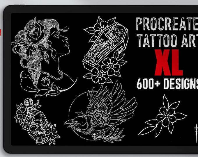 Procreate - Tattoo stencil collection XL, over 600 designs drawn by hand -