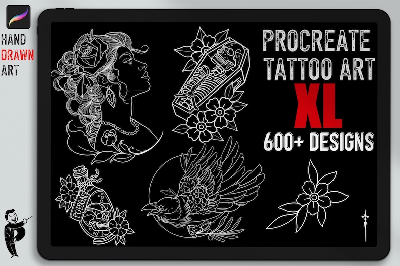 Tattoo stencil collection XL, over 600 designs drawn by hand References for Procreate image 1