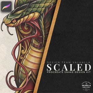 Puede incluir: Una ilustración digital de una serpiente verde y amarilla con lengua roja y patrones ornamentados, junto a un panel negro con el texto blanco DESIGN TEAM VALHALLA SCALED PROCREATE SNAKE DESIGN KIT y un logotipo circular.