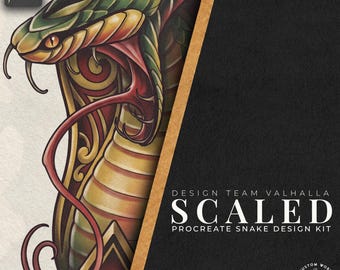 Puede incluir: Una ilustración digital de una serpiente verde y amarilla con lengua roja y patrones ornamentados, junto a un panel negro con el texto blanco DESIGN TEAM VALHALLA SCALED PROCREATE SNAKE DESIGN KIT y un logotipo circular.