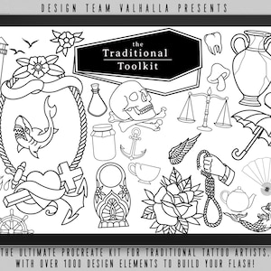 The Traditional Toolkit 1000+, Creative Procreate tattoo-ontwerpset voor artiesten, Procreate Tattoo-kunst, tattoo-ontwerpbundel, tattoo-artiesten
