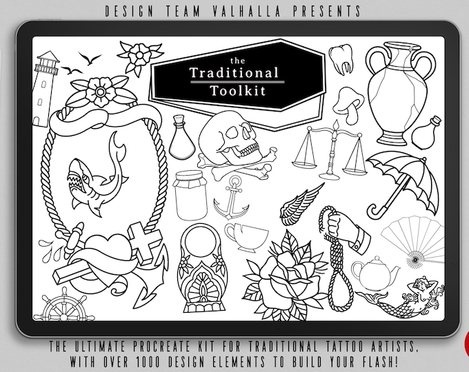The Traditional Toolkit 1000+, Creative Procreate tattoo design kit for artists, Procreate Tattoo art, tattoo design bundle, tattoo artists