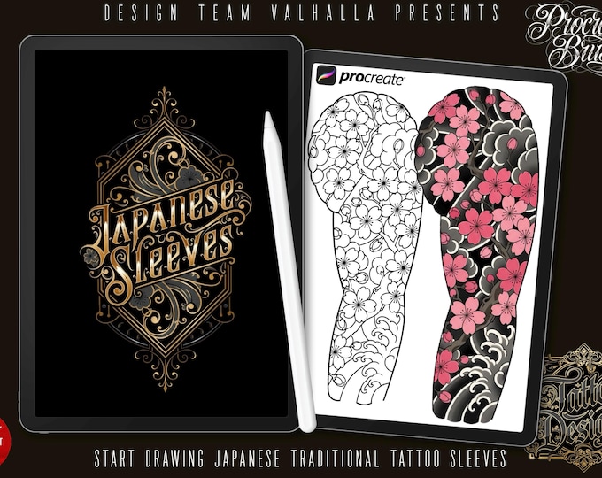 Procreate Japanese Tattoo Sleeves, Flowers, Outlined Stencils (Digital Download