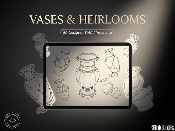 Procreate tattoo stencil, 80 vases and shards drawn by hand ~ Original tattoo templates