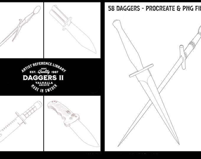Procreate & png files - Daggers Vol.2, 58 stamps / png designs, dagger realism, dagger reference folder, custom made designs