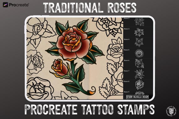 Traditional Roses Tattoo Stencils 100+ files: Procreate & PNG SVG EPS
