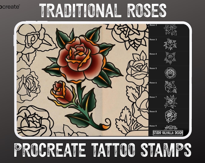 Procreate Tattoo Stamps: Traditional Roses vol.1 Flash Art Reference Bundle (Digital Download) 27 designs!