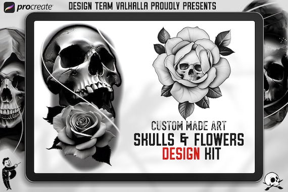 Custom art, Skulls and Flowers, 60+ designs & stencils included, 100% unique references