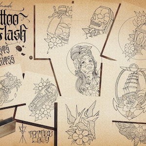 May include: A collection of black and white tattoo flash designs, including a skull, a moth, a coffin, a lantern, an anchor, a bird, and a woman with flowers in her hair. The designs are on a brown paper background with the text "Handmade Tattoo Flash Artists' Favorites" at the top.
