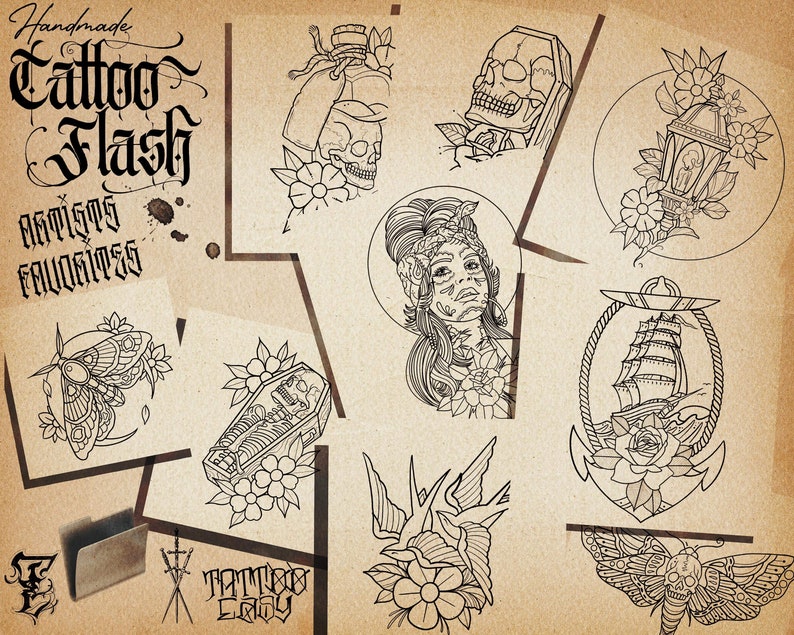 May include: A collection of black and white tattoo flash designs, including a skull, a moth, a coffin, a lantern, an anchor, a bird, and a woman with flowers in her hair. The designs are on a brown paper background with the text "Handmade Tattoo Flash Artists' Favorites" at the top.