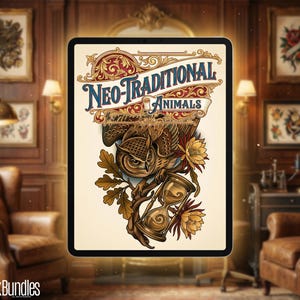 May include: A digital illustration on a tablet featuring a neo-traditional tattoo design. The artwork showcases an owl, hourglass, and floral elements, with the text "Neo-Traditional Animals" in a decorative banner. The color palette includes browns, golds, and creams.