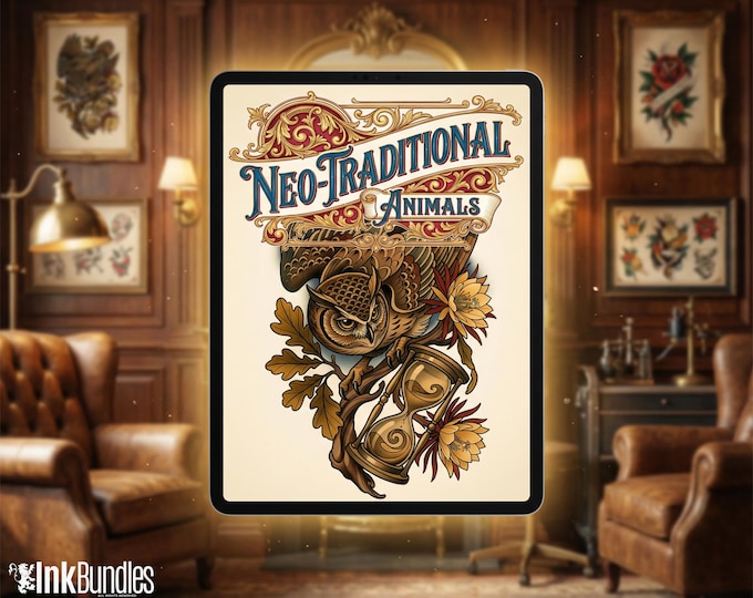 Neo Traditional Animal Tattoo Design Reference Kit, Procreate Brushset & PNG, Flash Stamps for Artists