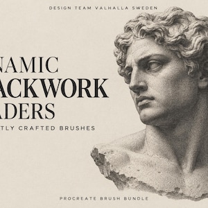 Könnte beinhalten: Eine digitale Grafik mit einer punktierten Illustration einer klassischen männlichen Büste. Der Text lautet: DESIGN TEAM VALHALLA SWEDEN, DYNAMIC BLACKWORK SHADERS, 56 EXPERTLY CRAFTED BRUSHES, PROCREATE BRUSH BUNDLE und ink BUNDLES. Enthält ein Procreate-Symbol.