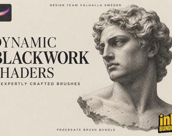 May include: A digital graphic featuring a stippled illustration of a classical male bust. Text reads: DESIGN TEAM VALHALLA SWEDEN, DYNAMIC BLACKWORK SHADERS, 56 EXPERTLY CRAFTED BRUSHES, PROCREATE BRUSH BUNDLE, and ink BUNDLES. Includes a Procreate icon.
