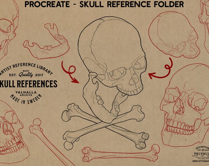 Skull stencil/reference bundle, 135 outlined skulls, tattoo stencils, skull references, procreate stamps, svg skulls, png skull references