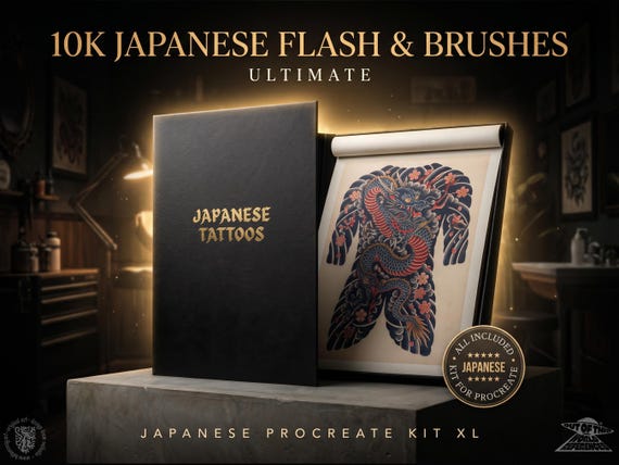 Japanese Tattoo Artist, Watercolor & Flash design kit (Digital Download) Procreate bundle, Washi + Art