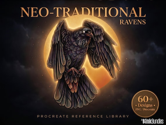 Raven Procreate Brushes, Bird Tattoo Stencils, 60+ Stamps Digital Download