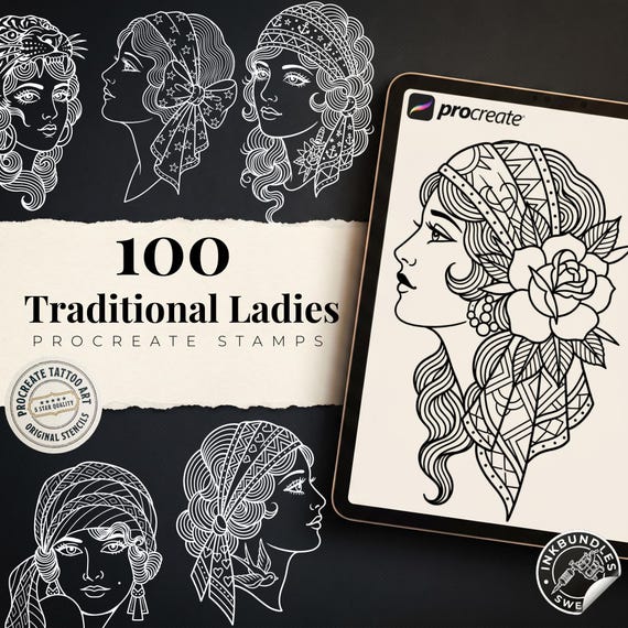 Procreate Traditional Portrait - PDF + PNG, traditional / old school lady Stencils & Flash Art