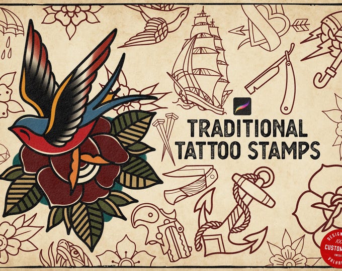 Traditional Tattoo Flash Procreate Stamps: Old School Designs (PNG Files)