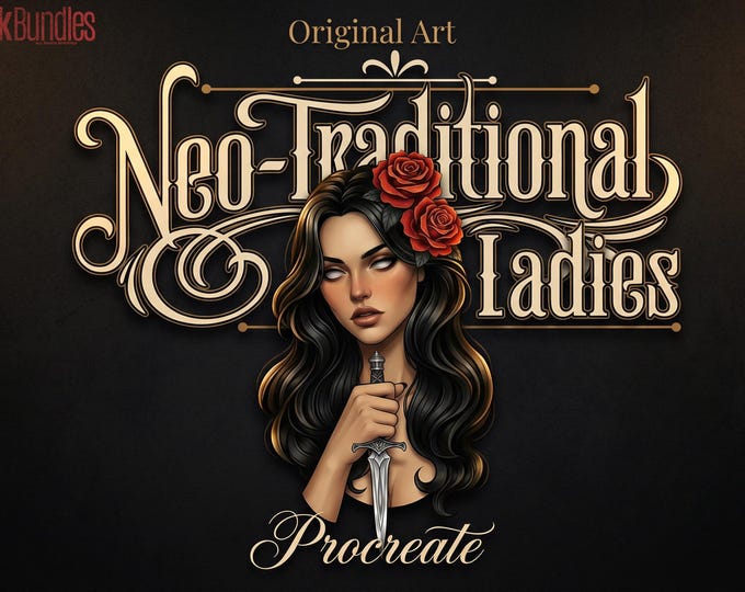 Neo-Traditional Tattoo References, Procreate Stamps & Flash Art, Procreate/Photoshop 300+