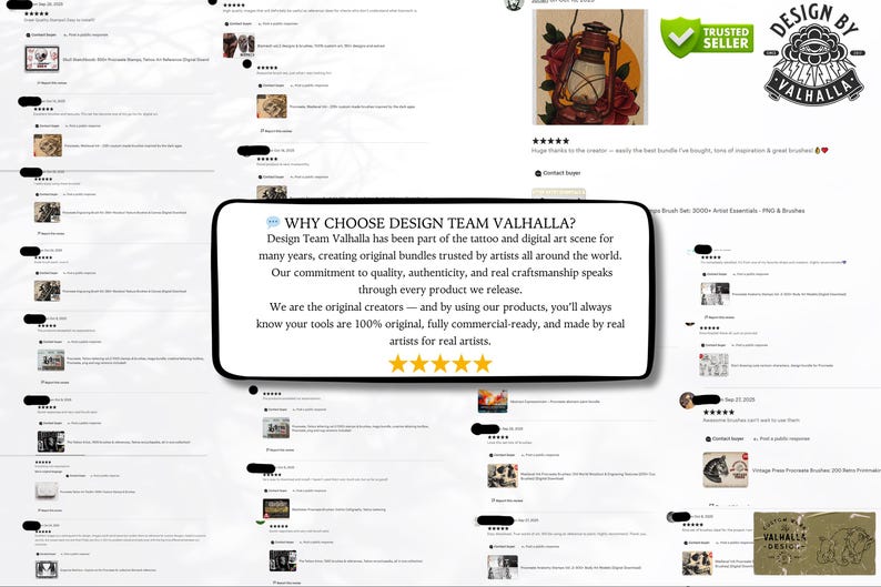May include: A digital collage of customer reviews for Design Team Valhalla, featuring a central white rectangular box with black text that reads Why Choose Design Team Valhalla? and five yellow stars, surrounded by multiple five-star review snippets.