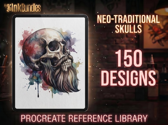 150 Neo-Traditional Skull Brushes for Procreate | Tattoo Skull Stamps, Dark Art Elements & Design Assets