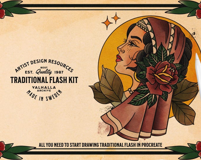 Procreate, Traditional Tattoo flash painting kit, Spitshade, ink, watercolor, markers & lots of canvases and extras!
