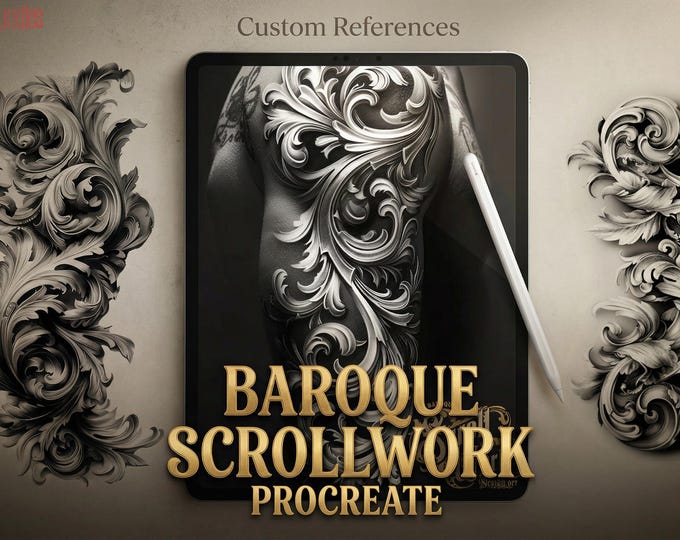 Baroque Scrollwork Design Kit: PNG & Procreate Stencils for Tattoos