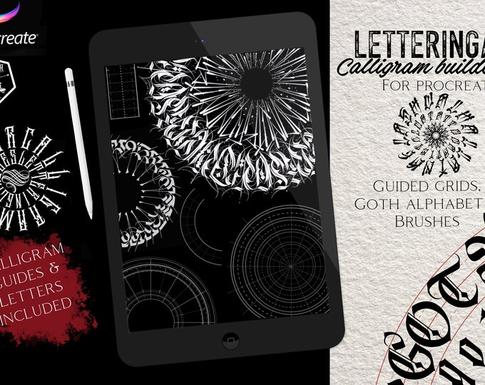 Procreate The calligram builder set, black letter brushes, goth alphabet, guides & more