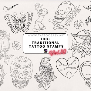Traditional vol.10 - 100 traditional tattoos drawn by hand for Procreate