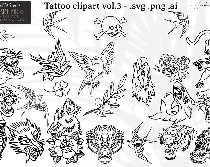 Traditional tattoo clipart vol.3 / outlined handmade tattoo inspired design bundle for stickers, prints, cutting. Format AI. SVG. PNG.