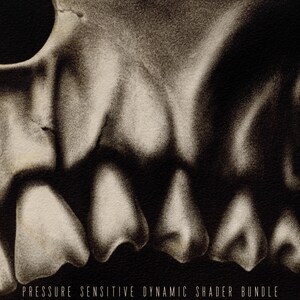 May include: Close-up of a detailed drawing of a skull with teeth. The drawing is in shades of gray and black, creating a realistic and slightly eerie effect. The text "PRESSURE SENSITIVE DYNAMIC SHADER BUNDLE" is at the bottom of the image.