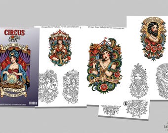 PDF, Plantillas de tatuajes de circo, Arte del tatuaje tradicional (Descarga digital)