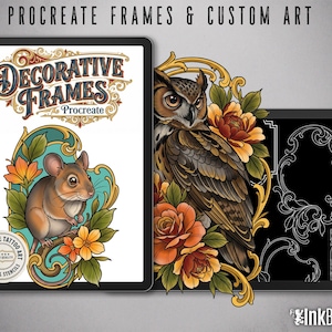 May include: Digital art set titled PROCREATE FRAMES & CUSTOM ART featuring a mouse and an owl surrounded by orange flowers and gold filigree frames. The graphics include a circular badge with the text PROCREATE TATTOO ART 5 STAR QUALITY ORIGINAL STENCILS and the InkBundles logo.