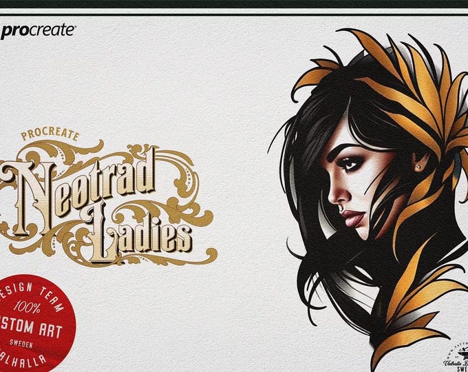 Neo-Traditional Tattoo References, Procreate Stamps & Flash Art, Tattoo Design Sketch Pack, Brushes, PNG Files