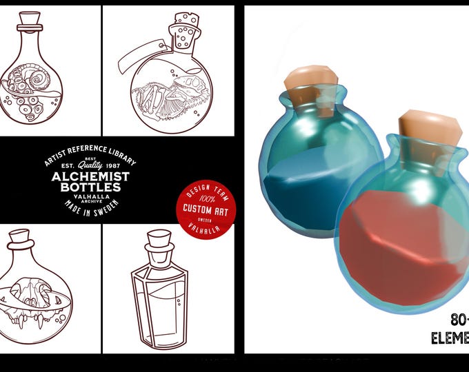 Procreate - alchemist bottles, 80+ stamps / png designs, bottle design bundle, artist references, custom made designs