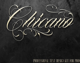 Puede incluir: Un diseño de fuente cursiva dorada con la palabra "Chicano" sobre un fondo negro texturizado. El texto está en un kit de diseño de texto profesional para Procreate.
