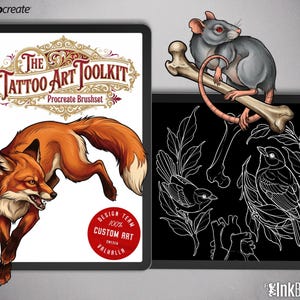 May include: Two digital art pieces on tablets. One features a red fox illustration with the text "The Tattoo Art Toolkit" and "Custom Art". The other shows a rat on a bone and line art of birds and leaves.