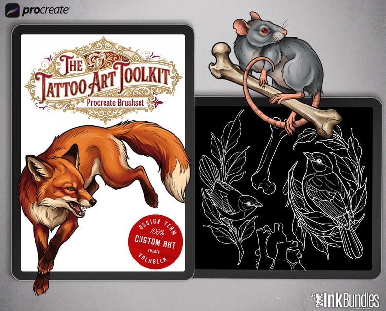 May include: Two digital art pieces on tablets. One features a red fox illustration with the text "The Tattoo Art Toolkit" and "Custom Art". The other shows a rat on a bone and line art of birds and leaves.
