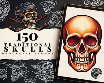 May include: A digital collection of 150 traditional skull Procreate stamps featuring various skull illustrations, including a hockey-themed skull and a large, detailed, colored skull displayed on a tablet screen with a black background.