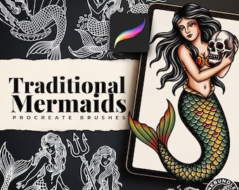 May include: A digital collection of Traditional Mermaids Procreate brushes featuring white line art illustrations of mermaids on a black background and a full-color mermaid holding a skull displayed on a tablet screen with the Procreate icon.