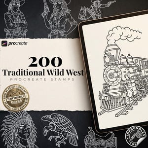 Puede incluir: Una colección digital de 200 sellos Procreate Traditional Wild West con ilustraciones de líneas en blanco y negro de una locomotora de vapor, vaqueros, un buitre y una persona con tocado, mostrada en una pantalla de tableta y papel.