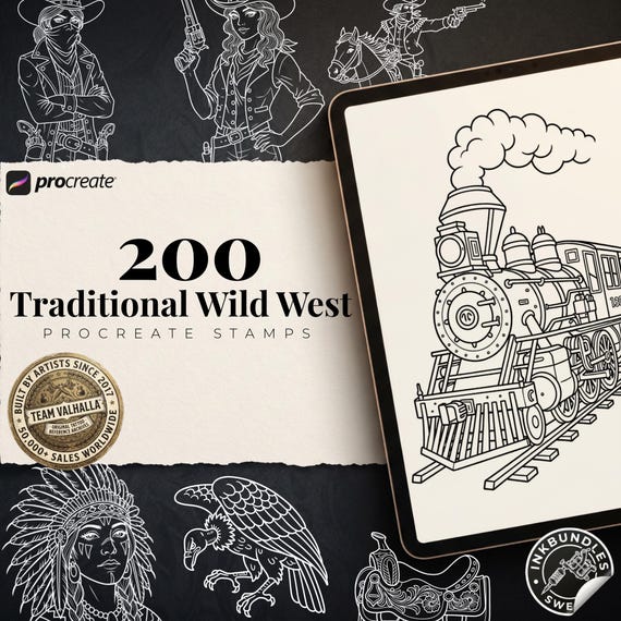 Traditional Wild Western Tattoo Design kit - Procreate & PNG | 200+ Classic Cowboy Tattoos